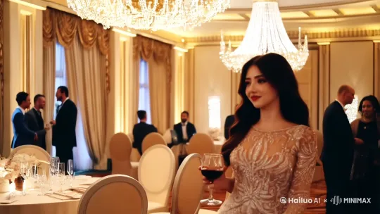 美女穿着华丽的晚礼服参加在高档酒店里举行的晚宴，手里拿着红酒杯，脸上露出妩媚的微笑，与嘉宾们打招呼 by Hailuo AI Video Generator