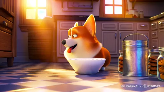 【场景】Cozy farmhouse kitchen with checkered floor tiles, vintage aluminum milk pail casting soft reflections, sunlight streaming through mason jars filled with cookies, warm golden hour glow
【柯基】Chubby corgi with marshmallow-like body proportions, honey-toasted fur with cream belly gradient, eye bags wrinkling when blinking, tongue forming perfect heart shape, jiggling cheek fat during swallowing
【动态】Milk ripples forming concentric circles in bowl, floating fur strands catching prismatic light, suspended milk droplets with paw-shaped refraction, squishy paw pads deforming ceramic bowl
【特效】Cartoonish steam swirls with milk scent lines, dynamic flapping jowls simulation, subsurface scattering on translucent ears, 2D anime sparkles around winking eye by Hailuo AI Video Generator