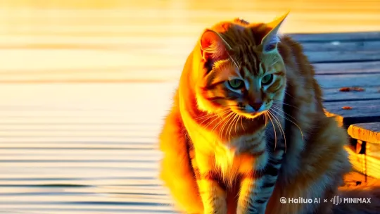 一只橘黄色的猫坐在码头边钓鱼 by Hailuo AI Video Generator