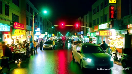 全景视角，晚上的街道，路灯下，十字路红灯亮起，几台小车在等候，沿街商铺灯火通明，路边一字排开很多宵夜摊档，画面中可以加入一些人物活动的细节，镜头前移，聚焦在一个摆摊买菜的老伯伯身上 by Hailuo AI Video Generator