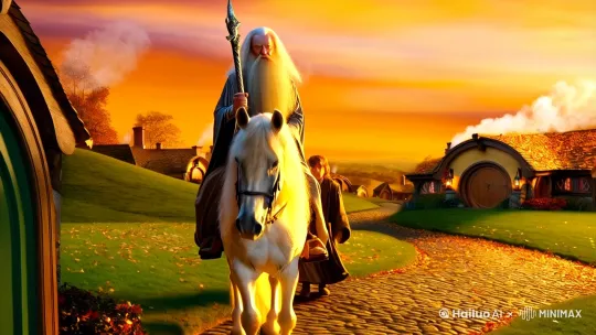 "Epic fantasy scene, Gandalf the Grey riding a majestic white horse, weary from long journey, his flowing grey robes dust-covered, staff glowing faintly, approaching Bag End in the Shire. Hobbiton's lush green hills under golden twilight, round hobbit doors with brass knobs dotting the landscape, smoke curling from chimneys. Frodo Baggins standing at his painted green door, face lit by warm lantern light, mixture of surprise and concern in his hazel eyes. Hyper-detailed textures: horse's wind-tousled mane, Gandalf's weathered face with deep wrinkles, autumn leaves swirling in crisp air. Cinematic composition with low-angle perspective emphasizing Gandalf's arrival, warm golden hour lighting casting long shadows across cobblestone path. Style blending Alan Lee's watercolor aesthetic with John Howe's fantasy realism, 8k resolution ultra-detailed painting" by Hailuo AI Video Generator