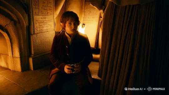 Cinemagraphic still of young hobbit Frodo Baggins clutching the One Ring in trembling hands, extreme closeup on golden ring glowing with sinister elvish inscriptions, Gandalf the Grey leaning forward with staff emitting faint blue light, their faces illuminated by flickering torchlight in dark Bag End study. Hyper-detailed costume textures: wizard's weathered grey cloak threads, hobbit's velvet waistcoat wrinkles. Dutch angle composition accentuating dramatic tension, muted earth tones contrasted with magical golden aura, smoke wisps curling around ancient parchment scrolls. Style blending Peter Jackson's Lord of the Rings cinematography with Alan Lee's watercolor storyboards --ar 16:9 --v 6.0
1. 光影戏剧性:强调火把的摇曳光线与魔戒的诡异光芒形成的冲突光源
2. 微表情刻画:突出弗罗多颤抖的双手与甘道夫前倾的压迫性姿势
3. 符号学细节:古旧羊皮卷轴、精灵语铭文等中土世界视觉符号
4. 空间压缩感:采用荷兰角构图增强幽闭空间的紧张氛围
5. 材质表现:从巫师斗篷的织物肌理到霍比特人马甲的天鹅绒质感 by Hailuo AI Video Generator