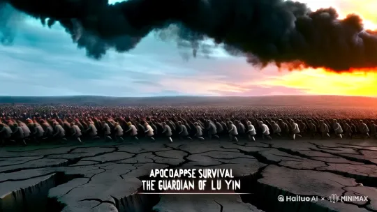 标题：末日求生：陆隐的守护

场景1：残破大地，裂缝蔓延，黑烟遮蔽夕阳。泥泞路上，绝望的人群艰难前行，哭喊声不绝。队伍延绵数万人，进化者在两旁守护。

场景2：陆隐听到咀嚼声，一只两米长的变异犬冲来。他挥动削尖的铁棍，斩下犬头，队伍恢复平静。

场景3：夜幕降临，进化者点燃火焰驱赶变异兽。陆隐接到寻找食物的任务，斩杀变异鼠带回队伍。

场景4：次日，队伍继续向金陵进发，遭遇丧尸群和地级变异藤蔓，幸存者死伤惨重。得知刑圣周山将亲自接应，众人欢呼。

场景5：陆隐回忆起被光圣刘少歌所害的痛苦，誓言复仇。夜晚，他阻止进化者欺凌少女，得罪张桐等人。艳丽女子提醒他小心报复，陆隐冷漠以对。

结尾：陆隐站在火焰旁，仰望星空，眼中闪烁着坚定的光芒。

字幕：末日之中，谁是真正的守护者？ by Hailuo AI Video Generator