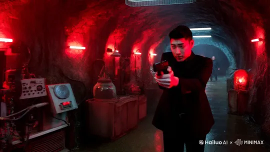 阴暗潮湿的地下秘密基地，闪烁的红灯营造紧张氛围。邦德手持瓦尔特PPK手枪，小心翼翼前行，周围摆满复杂仪器与神秘装置，远处有反派手下巡逻，脚步回声在寂静空间回荡。 by Hailuo AI Video Generator