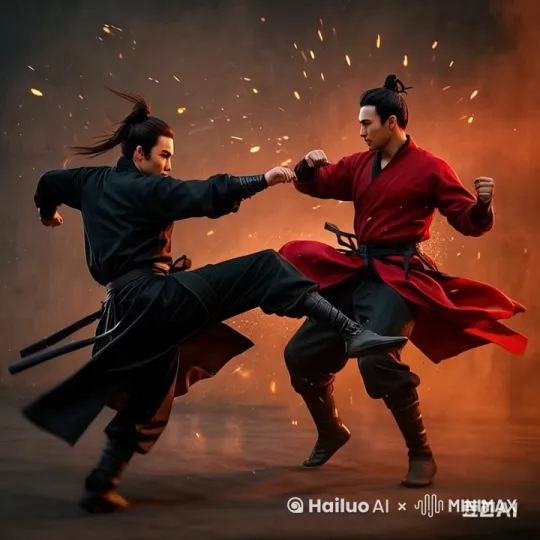 生成一张在比武过招的视频。 by Hailuo AI Video Generator