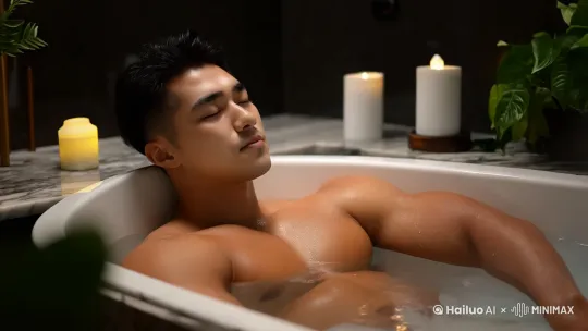 一个威猛的男性在浴室的浴缸泡澡，房间里灯光灰暗烟雾弥漫，男性的身材壮硕有肌肉线条 by Hailuo AI Video Generator