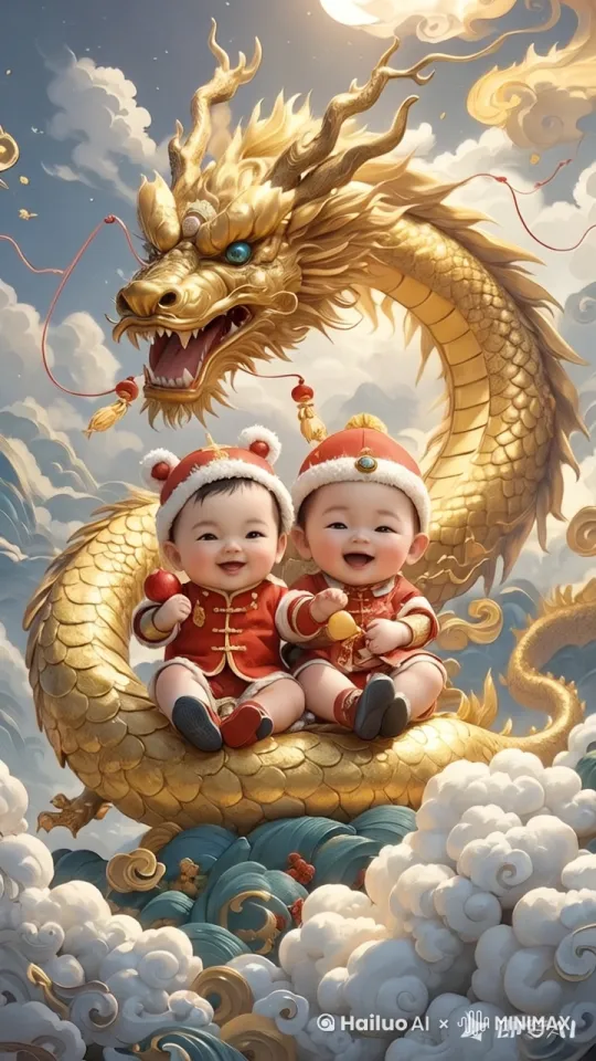 一条金色的巨龙，盘旋在云层之上，慢慢挪动，开心慈祥，龙不时的低头用鼻子亲热娃娃，娃娃样子非常可爱，开心，笑容满面，开心咧嘴的笑，做出伸手要抱抱的姿势，仿佛在叫爷爷奶奶 by Hailuo AI Video Generator