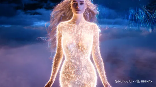 A close-up, frontal shot of a real woman with a serene and ethereal presence, her figure seemingly composed of countless glowing particles, emitting a soft, gentle light. Her long hair flows gracefully in the wind, and her existence is like a dream, surrounded by swirling clouds and mist, blending the real and the surreal, drawing the viewer into a mesmerizing world. Bioluminescent elements and diffused light create a sense of fragmentation and luxury. The background is a blend of dark, deep blue tones, adding to the luxurious, dreamy, and slightly dark atmosphere. The overall composition is hyper-realistic, with a surreal and highly impactful visual quality, rendered in stunning 4K resolution by Hailuo AI Video Generator