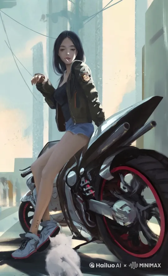 拉近镜头，展现魅力的女骑手。 by Hailuo AI Video Generator