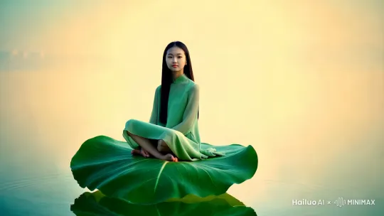 时尚摄影，高级，极简主义，一个中国女孩坐在巨大的悬空荷叶里，荷叶是浅绿色透明的，女孩穿绿色裙子，居中排版，背景黄绿渐变色，柔和，低饱和度，低对比度，中式审美，远景 by Hailuo AI Video Generator