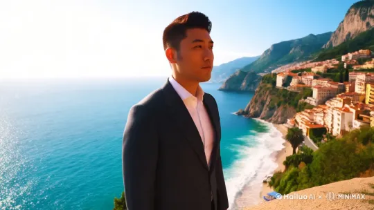 阳光洒在蜿蜒曲折的意大利阿马尔菲海岸公路，一侧是湛蓝无垠的地中海，另一侧是陡峭的悬崖。路面泛着微光，沿途点缀着色彩斑斓的小镇建筑。 by Hailuo AI Video Generator