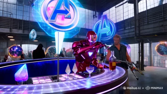 "2099年漫威宇宙主题酒吧，三层挑高工业空间内悬浮着复仇者LOGO全息灯阵，振金材质的环形吧台中央升起幻视的无限宝石投影仪，量子领域传送门在玻璃幕墙外随机闪现各平行宇宙英雄"
钢铁侠（纳米战甲流动酒红色光纹）用掌心炮加热艾雷岛威士忌
雷神（便装露臂肌肉）抡锤引发雷电特效调酒，风暴战斧插在冰桶里
黑寡妇（高开叉亮面战服）在机械臂DJ台用寡妇蛰打碟，每段节奏爆发电磁脉冲光波
蜘蛛侠（2099暗黑战衣）倒悬天花板用蛛丝递酒，镜头随蛛丝抛物线转场
开场：无人机从洛基权杖尖端绿光穿入，俯冲掠过浩克砸拳舞动的冲击波气浪
中段：快银视角环绕拍摄绯红女巫用混沌魔法操控12杯酒液矩阵
蚁人缩小时穿梭于美国队长振金盾牌上的鸡尾酒气泡
转场设计：奇异博士悬戒火花扩散成黑豹振金爪痕，死侍打破第四面墙撕开漫画分镜切至星爵尬舞全景 by Hailuo AI Video Generator