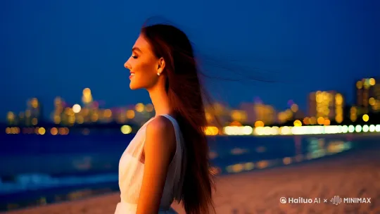 时尚、优雅、健康美感。
- **场景**：海滩、都市夜景、简约工作室。
- **镜头设计**：
  - **0-2秒**：模特侧身慢步，风吹动长发（慢动作）。
  - **3-5秒**：回眸微笑，自然光线突出轮廓。
  - **6-8秒**：手部特写（撩头发或整理裙摆）。
  - **9-10秒**：整体造型定格，搭配动态背景（如花瓣飘落）。 by Hailuo AI Video Generator