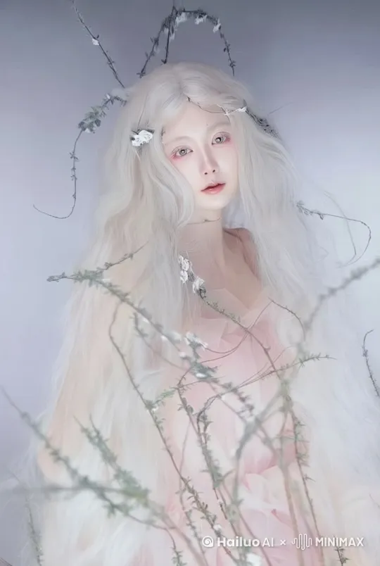 空灵的世界里，一头如雪长发肆意散落。她身着轻柔粉纱，似是从梦幻中走来。细碎花枝装点发间，眼眸如幽潭映着微光。微风轻拂，发丝微动，她侧首，似在聆听来自自然的低语，一场奇幻的旅程，即将开启。 by Hailuo AI Video Generator