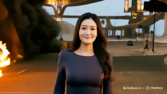 角色自信地微笑着，缓缓走向镜头，随意地戴上太阳镜。在背景中，一场巨大的爆炸突然发生，火焰猛烈地喷发。 by Hailuo AI Video Generator