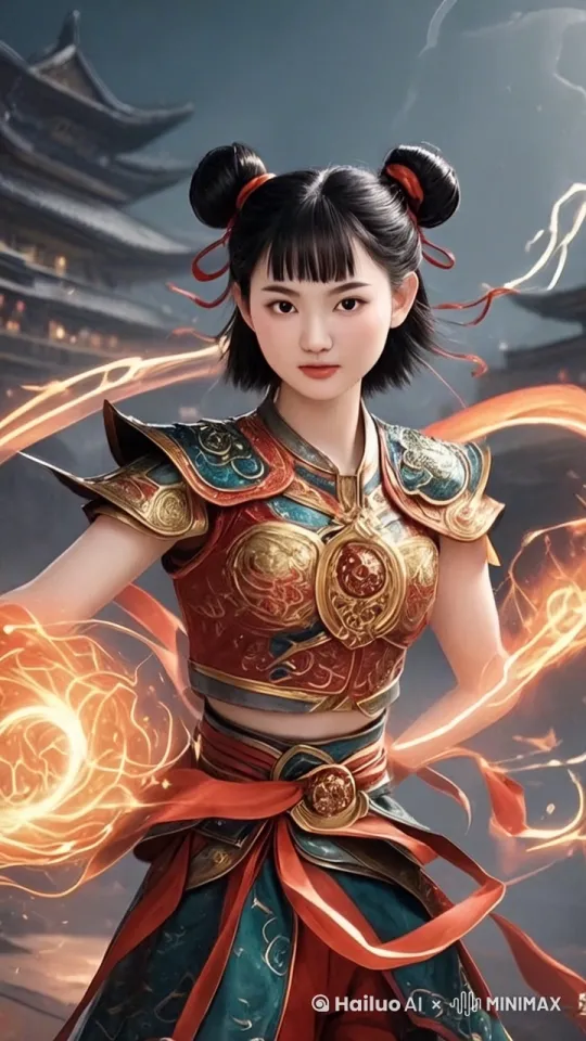 生成一段视频,展现女性哪吒在空中优雅移动并缓慢喷火的壮观场景。视频中,哪吒以女性形象出现,穿着融合传统与现代风格的战甲,显得既英勇又美丽。她悬浮在半空中,身体周围环绕着淡淡的火焰光环。随着视频的推进,哪吒开始缓慢向前移动,同时从她的双手掌心喷射出柔和的火焰,火焰如同丝带般在空中舞动,形成一道美丽的火流。她的表情专注而平和,展现出她的控制力和内在力量。背景是淡化的古代神话背景,与哪吒的动作形成和谐的对比。视频应包含以下特写:哪吒的脸部特写,展现她的坚定眼神;火焰喷射的特写,强调火光的细腻和流动;全身镜头,展示她在空中移动的优雅姿态。视频风格为幻想现实主义,色彩温暖而鲜明 by Hailuo AI Video Generator