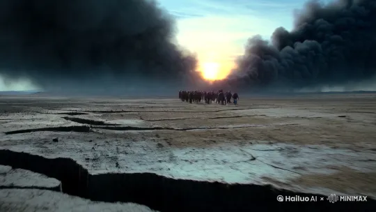 主要表现物：

残破的大地

蔓延的裂缝

遮蔽夕阳的黑烟

泥泞路上的绝望人群

延绵数万人的队伍

守护的进化者

场景空间：

广阔的荒原，地面布满裂缝，天空被黑烟遮蔽，泥泞的道路延伸至远方。

人群密集，队伍延绵不绝，进化者分布在队伍两侧，形成保护圈。

运动 / 变化：

裂缝在地面上蔓延，黑烟在空中翻滚。

人群在泥泞中艰难前行，步伐沉重，不时有人跌入裂缝。

进化者在队伍两侧来回巡视，警惕地观察四周。

镜头运动：

开场：广角镜头从地面裂缝拉升至天空，展现黑烟遮蔽夕阳的全景。

中景：平移镜头跟随人群在泥泞中前行，捕捉绝望的表情和跌入裂缝的瞬间。

特写：聚焦进化者的动作，展现他们的警惕与力量。

远景：从高处俯视队伍，展现延绵数万人的长龙和两侧的进化者。

美感氛围：

色调：灰暗、压抑，以黑、灰、棕为主，夕阳的余晖透过黑烟形成微弱的光晕。

光影：黑烟的阴影笼罩大地，泥泞路面反射微弱的光，形成斑驳的光影效果。

音效：低沉的背景音乐，夹杂风声、哭喊声和地面的震动声，营造末日氛围。

情感：绝望、压抑、挣扎，同时进化者的守护带来一丝希望。 by Hailuo AI Video Generator