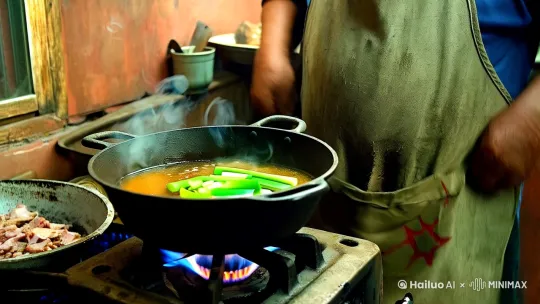 【镜头渐入】  
斑驳的铸铁锅在灶台上滋滋作响，葱段滑入金黄滚油的瞬间，腾起一团带着烟火气的青云。男人挽起褪色衬衫的袖口，手腕轻抖间，青椒肉丝在铁勺间翻出个漂亮的浪头，油星子溅在洗旧的围裙上，烙下几点星图般的勋章。

【特写转场】  
粗瓷碗里晃着琥珀色的散白，酒面浮着两粒枸杞，像夕阳坠在秋池。他抿酒的节奏正合上窗外槐树漏下的蝉鸣，喉结滚动时，脖颈皱纹里藏着三十年的江湖。手机支架上的老相声正说到马三立的包袱，他跟着哧哧地笑，眼角的纹路漾开一整个夏夜的松快。

【空镜穿插】  
蒜瓣在案板上爆开细雪，姜丝蜷成金黄的琴弦，抽油烟机的嗡鸣混着新闻联播的片头曲，在四十平的老单元房里炖出安稳的况味。玻璃杯沿的指纹叠着晨昏，倒映出冰箱上泛黄的全家福——女儿扎着红领巾的笑容，正与此刻砂锅里咕嘟的番茄牛腩一同冒着热气。

【收尾定格】  
当最后一口酒咽进暮色，他用筷子尖蘸着盘底酱汁，在旧报纸边角写下明日菜单。阳台晾衣绳的影子斜斜切过微醺的脸，像给平凡日子盖了枚闲章——「知味」。 by Hailuo AI Video Generator