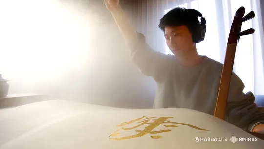 【镜头启幕】  
松烟墨在宣纸上洇开晨雾，笔锋悬停的刹那，窗外漏进一缕汴京的晨光。少年郎的蓝牙耳机淌着《高山流水》，卫衣袖口卷起的三分，恰是苏东坡写赤壁时的疏狂。羊毫扫过素胚的弧度，像宋徽宗在艮岳石上题瘦金体的锋转，青料在瓷胎上生长出会呼吸的山水。

【特写流转】  
指尖青筋随古琴轮指微微起伏，笔尖游走处惊起白鹭青烟。孔雀蓝在釉面舒展，分明看见汝窑开片的冰纹正攀上他眉间。手机支架亮着《千里江山图》的数字画卷，石墨烯触控笔与狼毫交替舞蹈，Wi-Fi信号在茶烟里化作传递秘色瓷咒语的青鸟。

【时空叠影】  
窑变光影中，工作室的落地窗渐作《清明上河图》的虹桥，3D打印机吞吐着北宋街市的瓦当。他蘸取的不是普通青料，是碾碎的钧窑残片混着区块链密钥，每一笔都生成带着时间戳的文物基因链。空调出风口的震颤，暗合着南宋官窑开窑时的地脉律动。

【终章定格】  
当最后一道水波纹在盏沿闭合，他摘下降噪耳机，听见八百年前龙泉窑的雨破天青。无人机的航拍画面里，现代艺术园区正与《西园雅集》的墨卷缓缓重叠——数字时代的茶汤，终将斟满汝窑天青釉的月光。 by Hailuo AI Video Generator