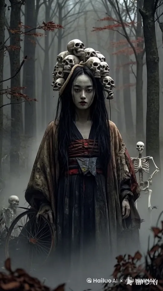 带着骷髅头头饰的人物在森林中一步一步地向前走动 by Hailuo AI Video Generator