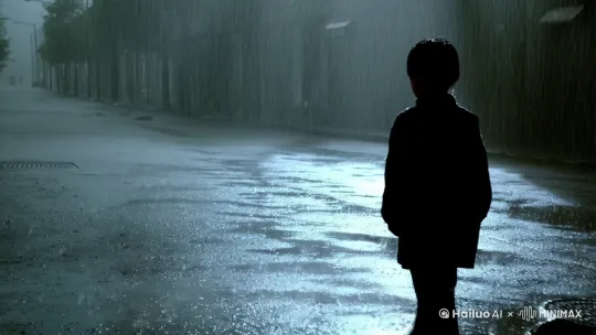 视频大概30秒，加入周杰伦的晴天做背景音乐，一个男孩在雨天孤独的背影，一点要伤感 by Hailuo AI Video Generator