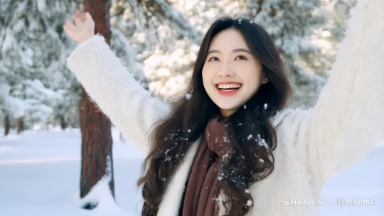 冬天，布满白雪的松树下，微笑着张开双手， by Hailuo AI Video Generator
