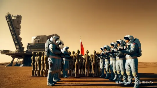 中国火星基地升旗仪式，中国宇航员拿枪押送火星人，火星人表示效忠。 by Hailuo AI Video Generator