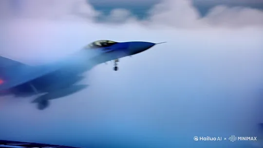 蒸汽白雾轰然爆发，战机在3秒内从0加速至265km/h。机体承受4.5G过载，起落架轮胎与甲板摩擦产生青烟。机翼涡流撕碎晨雾，尾焰在低空拉出锥形马赫环。

镜头4：战术脱离（25秒）
战机以70度仰角直插云霄，副油箱脱离程序启动，两簇白烟划出优美抛物线。编队中后续三架舰载机保持12秒间隔依次升空，翼尖航行灯组成红色光链。

镜头5：甲板复位（20秒）
拦阻索液压系统复位发出金属撞击声，消防组手持水炮待命。弹射器轨道开始喷水降温，蒸汽在冷空气中凝结成短暂彩虹。飞行指挥塔数据屏刷新"4/4战机升空完成"绿色字符。

（全片采用GoPro驾驶舱视角与无人机环绕拍摄结合，引擎轰鸣声渐弱为海军钟报时音效） by Hailuo AI Video Generator