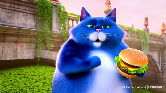 一只蓝色的胖猫站在桥上吃麦当劳。 by Hailuo AI Video Generator