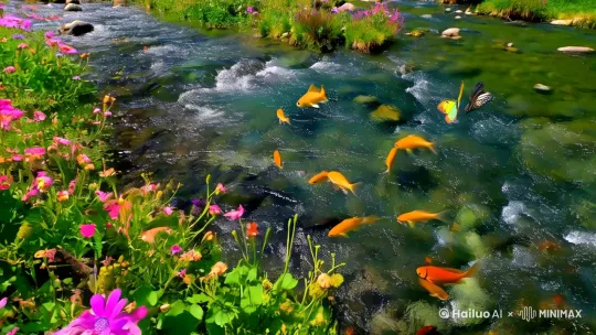 穿梭于山间溪流，水声潺潺，清澈见底，鱼儿在水中自由游弋溪边，野花烂漫，彩蝶飞舞，每一朵花瓣、每一片叶子都充满了生命的律动。远处，群山环抱，绿树成荫，一条瀑布从天而降，蔚然壮观 by Hailuo AI Video Generator