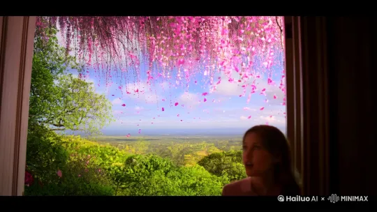 惬意的午后推开门看到屋外美丽的风景，粉色的花瓣纷纷飘落 朦胧的运镜 by Hailuo AI Video Generator