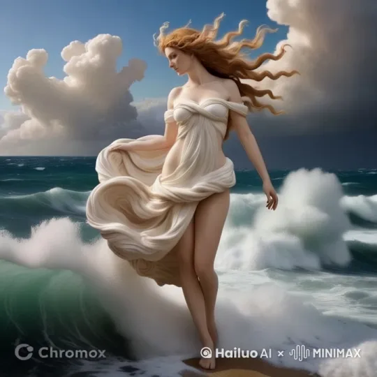 古典女神自海里升起，海浪涌动，女神衣裙随风舞动，金色头发飞扬，女神侧脸看着海浪，天边白云卷动 by Hailuo AI Video Generator