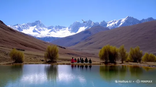 生生成一个去西藏旅行的疗愈之旅，在这个过程里有美丽的风景，有在高山湖泊边打坐，有行禅，有音乐疗愈，有即兴舞蹈。有大家集体在一起分享关于生命的美好以及生命里面经历的事情，彼此疗愈对方，在这个过程里面，所有人都得到了治愈，并且内心非常的充盈，通过旅途获得了自己人生重新的定位。 by Hailuo AI Video Generator