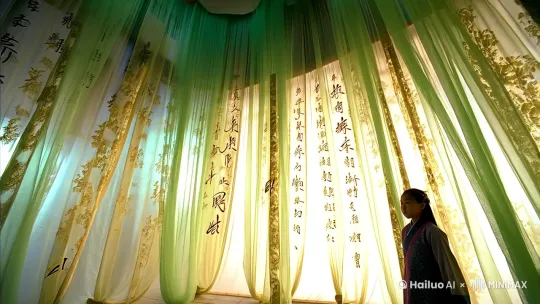 一个小小的苗族女孩。浅绿色纱幔，写满毛笔字，写满毛笔字。毛笔字，报纸，满屏书法字，神秘氛围，巨大的纱幔飞舞飘逸，纱幔写满书法字，立体感，强烈的立体感，浅金色，白色，渐变，梦幻，意境。浪漫。飘逸，生物学发光体，仰视， 浪漫古风。星汉灿烂，新工笔，宏大场面，震撼感，立体，3D。镜头切换到纱幔上的毛笔字特写，字体清晰可见，每一笔都带有新工笔风格的细腻与韵味，毛笔字仿佛活了过来，在浅金色与白色渐变的光中灵动闪烁，光芒如流水般在字里行间穿梭，充满浪漫古风的意境，画面渐暗。 by Hailuo AI Video Generator