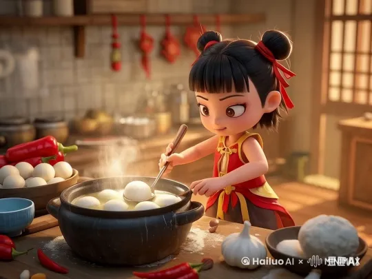 帮我画一张图片:提示词:
哪吒(哪吒2之魔童闹海内的哪吒形象)身穿红色战袍,扎着两个发髻,发髻用红色发带绑着,显得英气十足。他站在一间明亮的厨房里,手里拿着长勺,正专注地煮着一锅热气腾腾的汤圆。锅中汤圆圆润饱满,汤水微微翻滚,散发出阵阵香气。厨房的桌台上摆着面粉、馅料等食材,背景是传统的中国风厨房装饰,墙上挂着几串红辣椒和蒜头,增添了几分生活气息。哪吒的表情认真又带点调皮,仿佛在享受这难得的烹饪时光。整体画面充满节日氛围,色彩鲜艳,细节丰富,展现出哪吒在厨房中的生动场景。 by Hailuo AI Video Generator