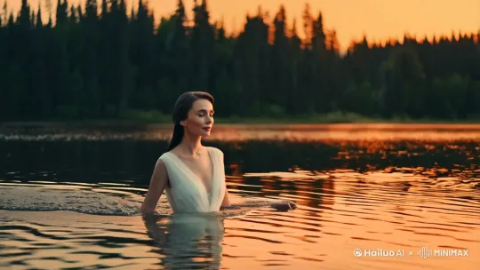 使用电影胶片感风格拍摄，一位穿着优雅的女子从波光粼粼的湖水中走出，她的面容柔和，眼神中透露着淡淡的忧郁，背景是夕阳下的湖面和远处的树林，营造出一种温馨而怀旧的氛围。[跟随] by Hailuo AI Video Generator