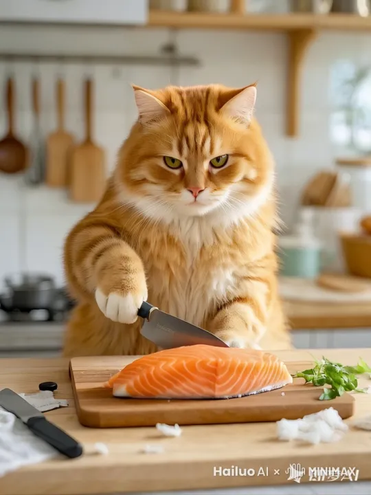 在温馨明亮的厨房料理台上，一只毛发蓬松、肚皮圆滚滚的橘猫，正站在案板前，专注地用小爪子握住一把迷你菜刀，切割着一块新鲜的三文鱼。三文鱼色泽鲜艳，纹理清晰，鱼肉泛着诱人的光泽。橘猫眼睛睁得大大的，紧盯手中动作，周围洒落着一些细碎的三文鱼屑，旁边摆放着各种小型厨房用具，整体画面生动且充满生活气息。 by Hailuo AI Video Generator