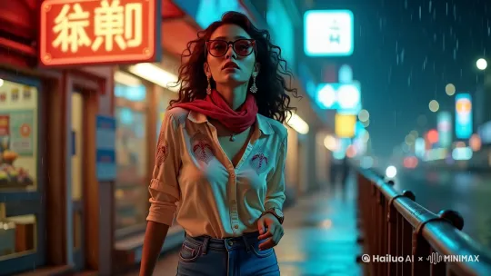 • 核心主体：女生
• 情绪动作：女生停下脚步，回头看向左上角的招牌，
• 环境场景：街角的便利店，招牌闪烁，周围是老旧的建筑
• 艺术风格：复古与现代结合，略带怀旧感
• 材质细节：招牌的塑料质感，建筑的砖石纹理
• 氛围光线：街角的灯光柔和，洒在主角身上，形成光晕
• 色调：以暖色调为主，突出街角的温馨感
• 运镜语言：缓慢的摇镜头，从主角的背影转向她的正面，突出她的表情 by Hailuo AI Video Generator