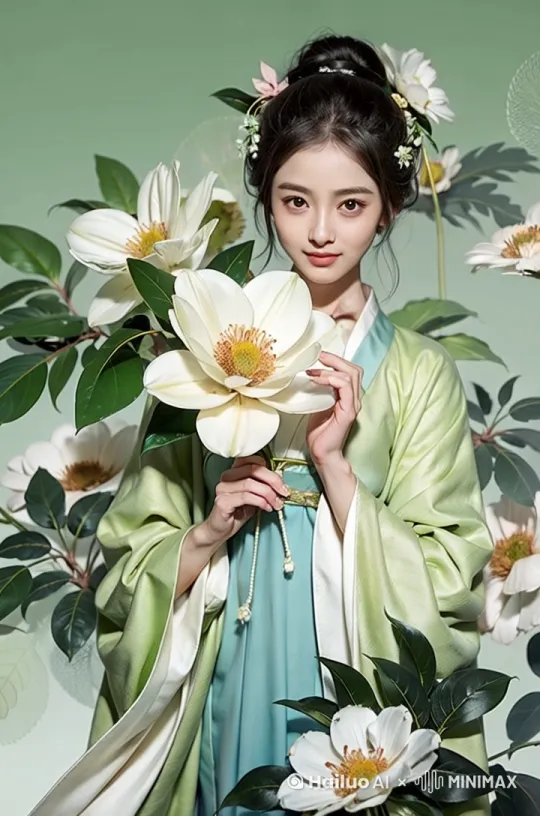 一位身着浅绿色汉服大袖衫,内搭浅蓝色襦裙的女子,身姿曼妙。她的发髻高高盘起,点缀着精致的粉色花朵发饰与小巧的白色珠花。女子手持一朵硕大的白色花朵,花瓣舒展,花蕊微黄,周围环绕着繁茂的绿叶。背景是柔和的浅绿,营造出清幽雅致的氛围。视频画面中,微风轻拂,汉服衣袂飘飘,发丝微动,花朵与绿叶也随之轻轻摇曳,女子眉眼含情,顾盼生姿,尽显古典柔美之韵。 by Hailuo AI Video Generator