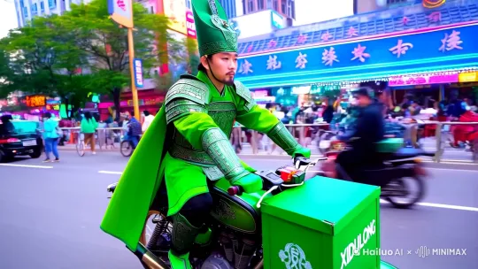 这幅图像描绘了一位身穿绿色传统服装的角色，骑在一辆绿色的摩托车上。角色的装束包括一顶帽子、长袍和护甲，给人一种古代战士的感觉。摩托车后面有一个绿色的配送箱，上面印有“XIDULONG”的字样，暗示这是一个送货的场景。

背景是城市街道，可以看到一些现代建筑和霓虹灯招牌，营造出一种繁华都市的氛围。整体色调明亮，色彩鲜艳，使画面显得生动有趣。 by Hailuo AI Video Generator