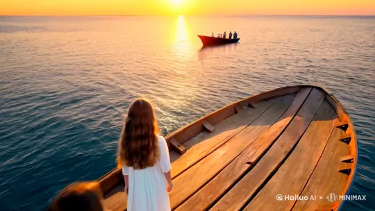 场景1：海上黄昏
画面：  
夕阳西下，海面被染成金色，波光粼粼。一艘小木船静静漂浮在海中央，周围是广阔无垠的海面。  

镜头：  
从天空俯视，逐渐拉近到船上。两个女孩分别站在船的两端，背对背，沉默不语。  

场景2：初次对话
镜头：  
女孩A（长发，穿着白色长裙）轻轻转身，看向女孩B（短发，穿着蓝色衬衫）。  

女孩A（轻声，带着试探）：  
“你……也是一个人吗？”  

女孩B（转过头，微笑）：  
“是啊，这片海太大了，大到让人觉得自己渺小得像一粒沙。”  

女孩A（低头，声音更轻）：  
“可我总觉得，这片海是为了让我们相遇才存在的。”  

场景3：情感流露
镜头：  
女孩B走近女孩A，两人目光交汇，眼中闪烁着复杂的情感。  

女孩B（温柔地）：  
“你知道吗？我一直在等一个人，一个能听懂海浪声的人。”  

女孩A（眼眶微红）：  
“我也是……我总觉得，海浪的声音里藏着某种呼唤，像是你在我耳边低语。”  

场景4：微风吹拂
镜头：  
一阵微风吹过，两人的头发和衣角轻轻飘动。海面泛起涟漪，夕阳的光影在水中跳跃。  

女孩B（伸出手，轻轻握住女孩A的手）：  
“如果……如果我们注定要消失在这片海里，你愿意和我一起吗？”  

女孩A（紧紧回握，微笑）：  
“我愿意。无论变成什么，我都会找到你。”  

场景5：转变
镜头：  
突然，女孩A的身体开始变得透明，逐渐化作一块木板，漂浮在船边。女孩B的身体也开始变化，化作一只白色的鸭子，轻轻落在木板上。  

画面：  
木板和鸭子手拉着手（象征性地），随着海浪缓缓下沉。镜头跟随它们潜入海底，周围是深蓝色的海水和闪烁的光点。  

场景6：海底世界
镜头：  
海底的世界静谧而美丽，鱼群游过，珊瑚摇曳。木板和鸭子依然紧紧相依，缓缓沉入更深的地方。  
场景7：结束
画面：  
画面渐渐变暗，最后只剩下一片深邃的蓝色。字幕缓缓浮现：  
“有些相遇，注定是为了永恒的陪伴。”  

音乐
轻柔的钢琴曲贯穿始终，最后以海浪声和风声作为结尾。  

脚本结束 by Hailuo AI Video Generator