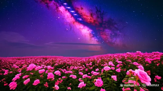 一片广阔的玫瑰花田，花朵主要是粉红色的。在花田的上方，可以看到美丽的夜空，夜空中有银河和一些星星，天空呈现出紫色和粉色的渐变色彩，给人一种梦幻般的感觉。整个画面充满了浪漫和宁静的氛围。 by Hailuo AI Video Generator