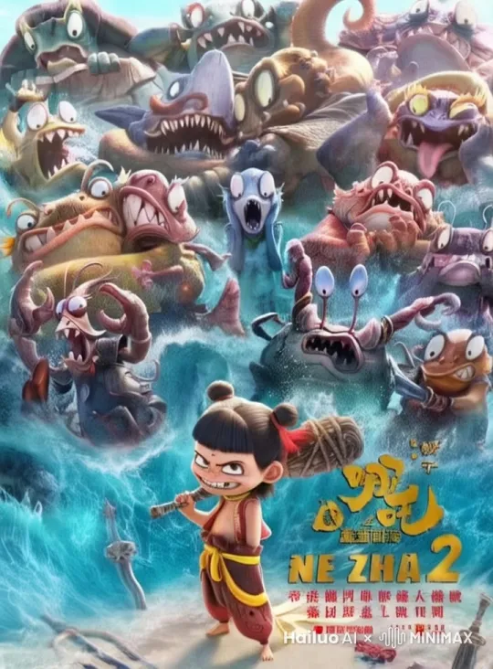 画面渐亮，小哪吒扎着双丸子头，一脸神气，扛着乾坤圈，手持火尖枪立于海滩。海浪翻涌，突然，众多形态各异的海怪从海中钻出，龇牙咧嘴，凶相毕露。哪吒眼神锐利，大喝一声，乾坤圈飞出，周身火焰燃起，摆好战斗姿势，一场激战一触即发，画面定格。 by Hailuo AI Video Generator