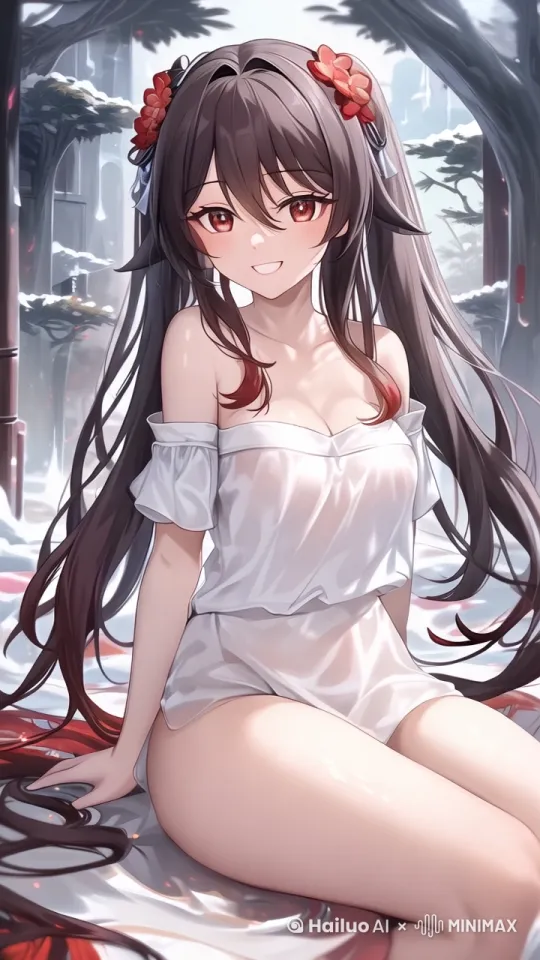 女孩俨然一笑，镜头缓慢拉远，脚浸泡在湖里，轻轻抬起脚踢出水花 by Hailuo AI Video Generator