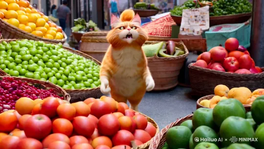 一只橘猫站在大街上卖水果，一边叫卖一边拿水果要给路人试吃，猫要把水果拿到手里并尝试推荐给别人 by Hailuo AI Video Generator