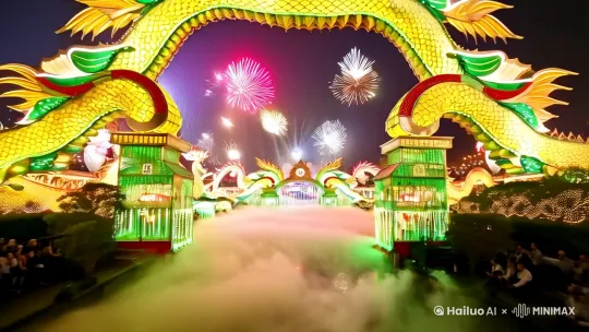 Ultrawide cinematic shot of a colossal glowing archway adorned with intricate dragon-shaped lanterns marking the entrance to Zigong Lantern Park, the camera smoothly gliding forward through swirling mist as fireworks burst in starry patterns overhead. Transition to a continuous tracking shot winding through endless corridors of towering illuminated sculptures: mechanical phoenixes with articulated wings beating in fluid motion, rotating lotus flowers blooming with cascading LED petals, undulating dragon puppets with glowing scales rippling via hidden hydraulics. Timed light pulses synchronize with orchestral soundtrack across the 360-degree landscape. Aerial view reveals fractal patterns formed by thousands of interconnected lanterns - celestial spheres orbiting clockwork mechanisms, luminous calligraphy gates morphing into digital constellations. Slow zoom on a central kinetic sculpture where robotic cranes dance between floating lantern planets, their paper surfaces projecting holographic Chinese zodiac animations. Final frame tilts upward as chrysanthemum-shaped fireworks explode into glowing fractal patterns that linger as celestial dust. by Hailuo AI Video Generator