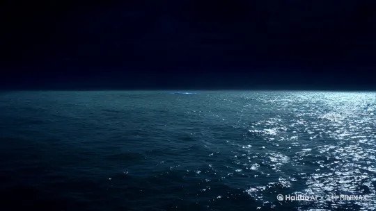 平静的海面，月光洒下，波光粼粼。突然，海水中央涌起一个巨大的漩涡，漩涡中心闪烁着诡异的蓝光，周围的海浪被高高卷起，形成一道水幕。 by Hailuo AI Video Generator