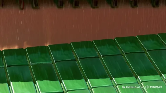 春天的第一场小雨，细雨落在青瓦上，并汇集成水滴从瓦沿上落到墙角刚刚钻出地面的幼芽上[下降] by Hailuo AI Video Generator