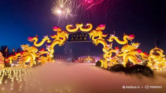 Ultrawide cinematic shot of a colossal glowing archway adorned with intricate dragon-shaped lanterns marking the entrance to Zigong Lantern Park, the camera smoothly gliding forward through swirling mist as fireworks burst in starry patterns overhead. Transition to a continuous tracking shot winding through endless corridors of towering illuminated sculptures: mechanical phoenixes with articulated wings beating in fluid motion, rotating lotus flowers blooming with cascading LED petals, undulating dragon puppets with glowing scales rippling via hidden hydraulics. Timed light pulses synchronize with orchestral soundtrack across the 360-degree landscape. Aerial view reveals fractal patterns formed by thousands of interconnected lanterns - celestial spheres orbiting clockwork mechanisms, luminous calligraphy gates morphing into digital constellations. Slow zoom on a central kinetic sculpture where robotic cranes dance between floating lantern planets, their paper surfaces projecting holographic Chinese zodiac animations. Final frame tilts upward as chrysanthemum-shaped fireworks explode into glowing fractal patterns that linger as celestial dust. by Hailuo AI Video Generator