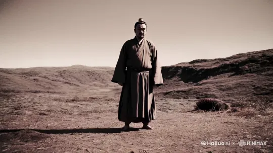 背景一片荒野中，画面复古，一个古代道士，施展遁地术，人物由脚到头直接陷入地下消失了，注意，人物是完全陷入地下，地面溅起泥土，一点也看不见，然后一个土堆迅速朝远方离去 by Hailuo AI Video Generator